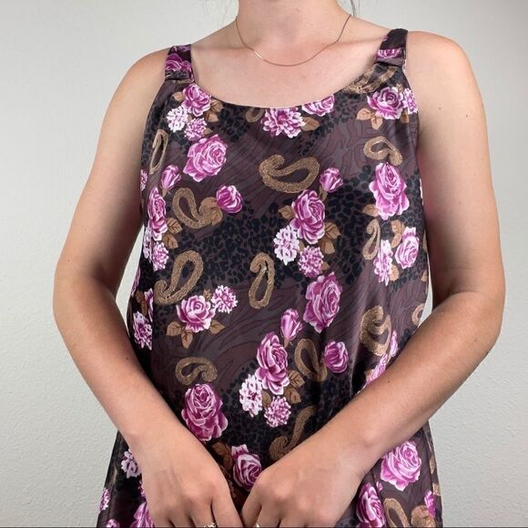 Vintage 90s Women’s 100% Silk Pink Brown Floral Maxi Nightgown Slip Dress Sz L - Picture 6 of 10